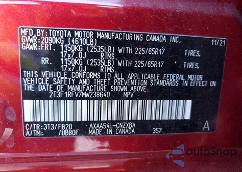 2021 Toyota Rav4 Le из США, поврежденный, VIN 2T3F1RFV7MW238640